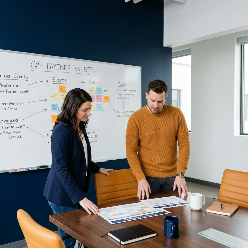 A partnerships leader and a partner marketing manager at a whiteboard mapping a quarter of partner events against a target account list, with a printed event calendar and a pipeline target sheet on the table, deep navy and warm amber palette