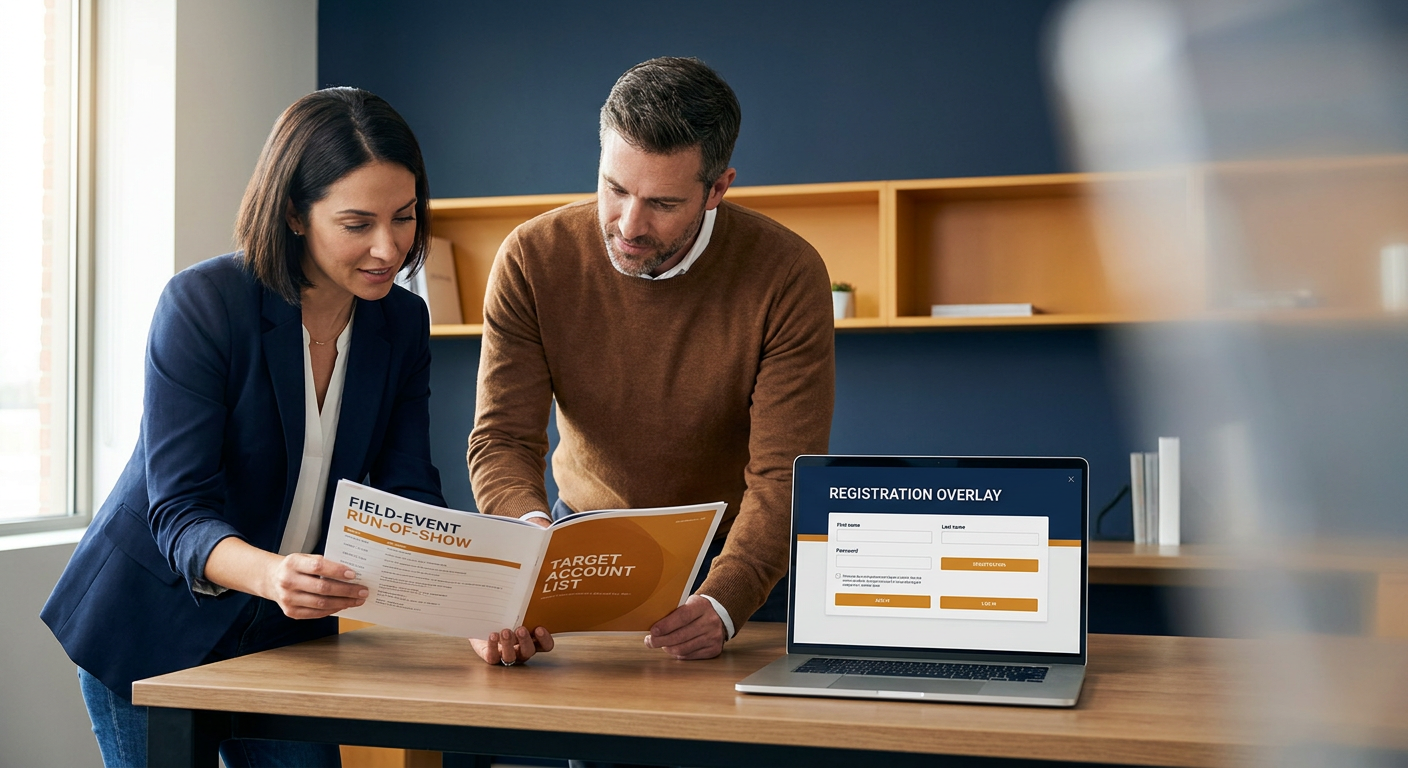 A partner field marketing manager and a regional AE reviewing a printed field-event run-of-show and a target account list at a desk, with a registration overlay on the laptop screen between them, deep navy and warm amber palette