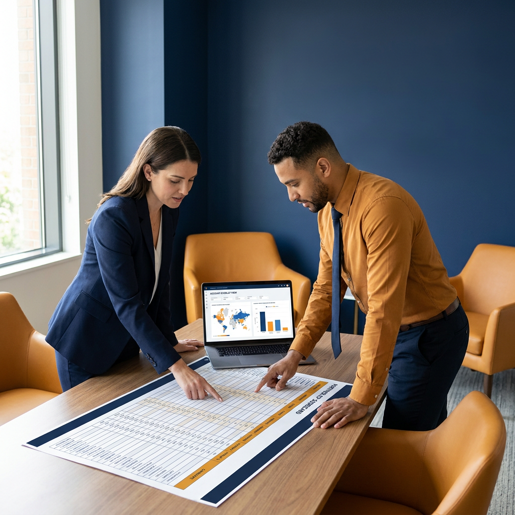A partnerships leader and a RevOps analyst at a desk reviewing a printed partner ICP scorecard ranking candidate partners by overlap and segment fit, with an account-overlap view on the laptop screen between them, deep navy and warm amber palette