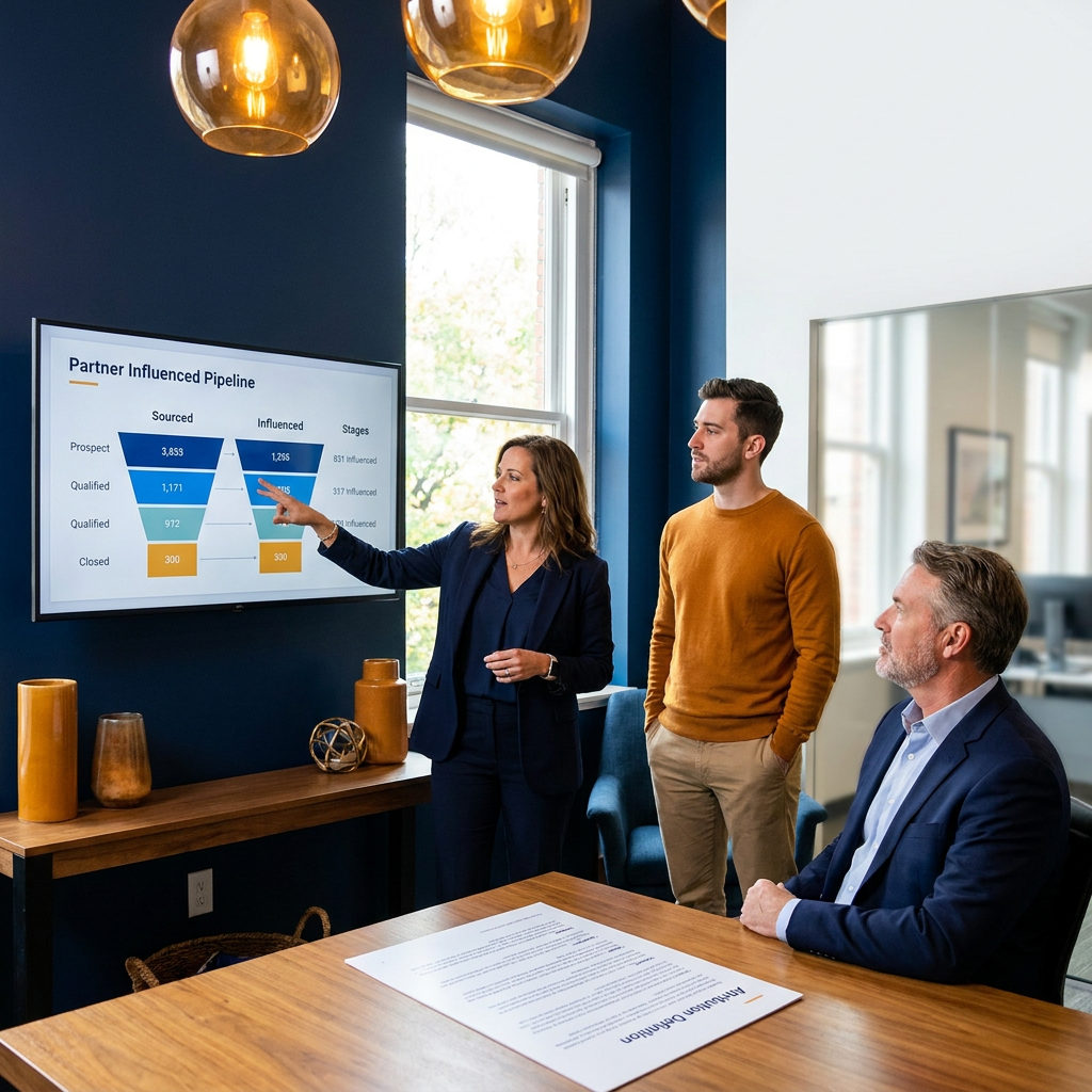 A partnerships leader and a sales operations analyst at a wall monitor walking a CRO through a partner influenced pipeline report split into sourced and influenced columns by stage, with a printed attribution definition on the table, deep navy and warm amber palette