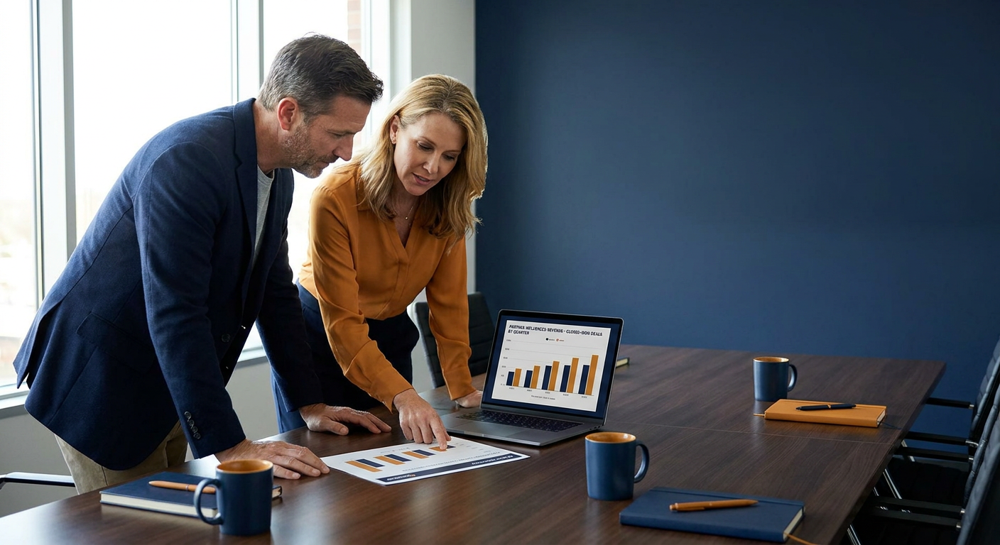 A partnerships leader and a CFO at a conference table reviewing a printed partner influenced revenue report showing closed-won deals with a partner touch by quarter on a laptop screen between them, deep navy and warm amber palette
