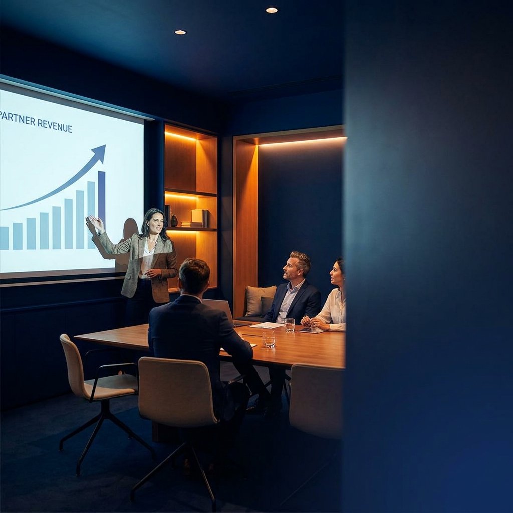 Revenue leader presenting a partner-sourced revenue chart to a small executive audience, calm modern conference room, deep navy and amber palette, right third clean for headline overlay