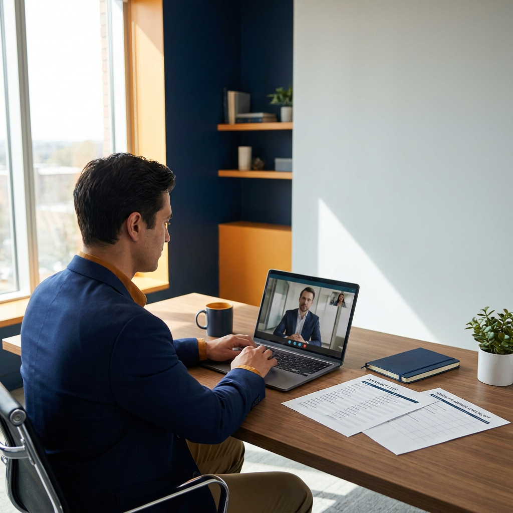 A partner manager at a desk running a co-sell deal review with a partner-side seller over video, a printed account list and a weekly cadence checklist visible beside the laptop, deep navy and warm amber palette