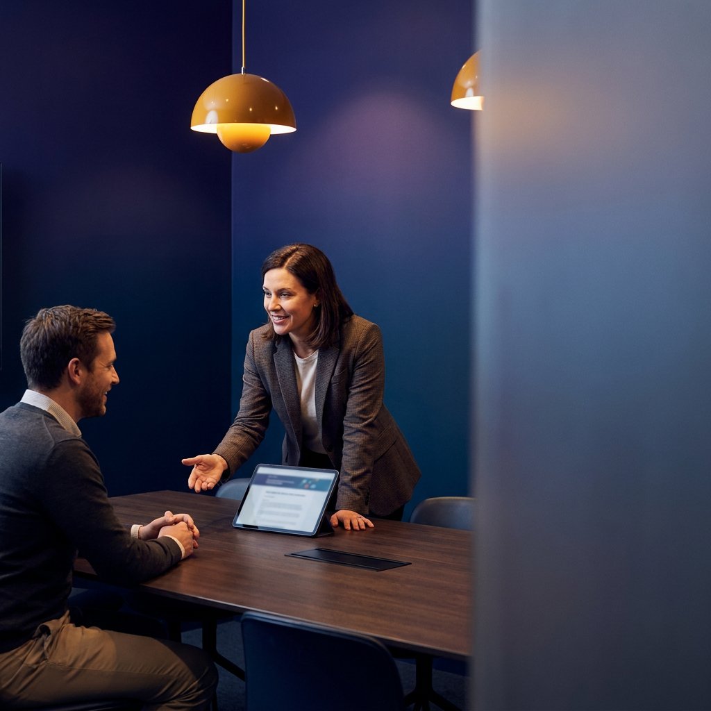 Head of partnerships interviewing a candidate at a calm modern conference table, deep navy and amber palette, right third clean for headline overlay