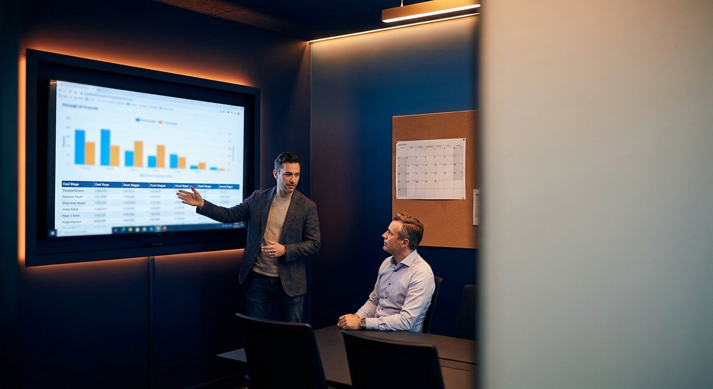 Partner manager walking a head of sales through a CRM-grade partner pipeline on a wall monitor with named deals visible at the stage level, deep navy and amber palette