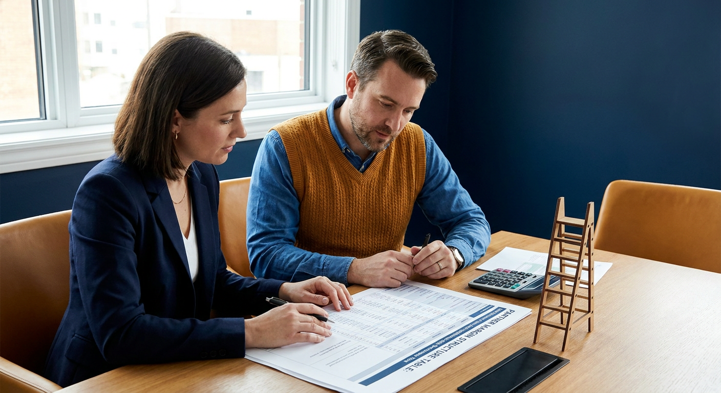 A partnerships leader and a finance partner at a conference table reviewing a printed partner margin structure table showing base discount, deal-registration uplift, and performance tiers, with a calculator and a tier ladder visible, deep navy and warm amber palette