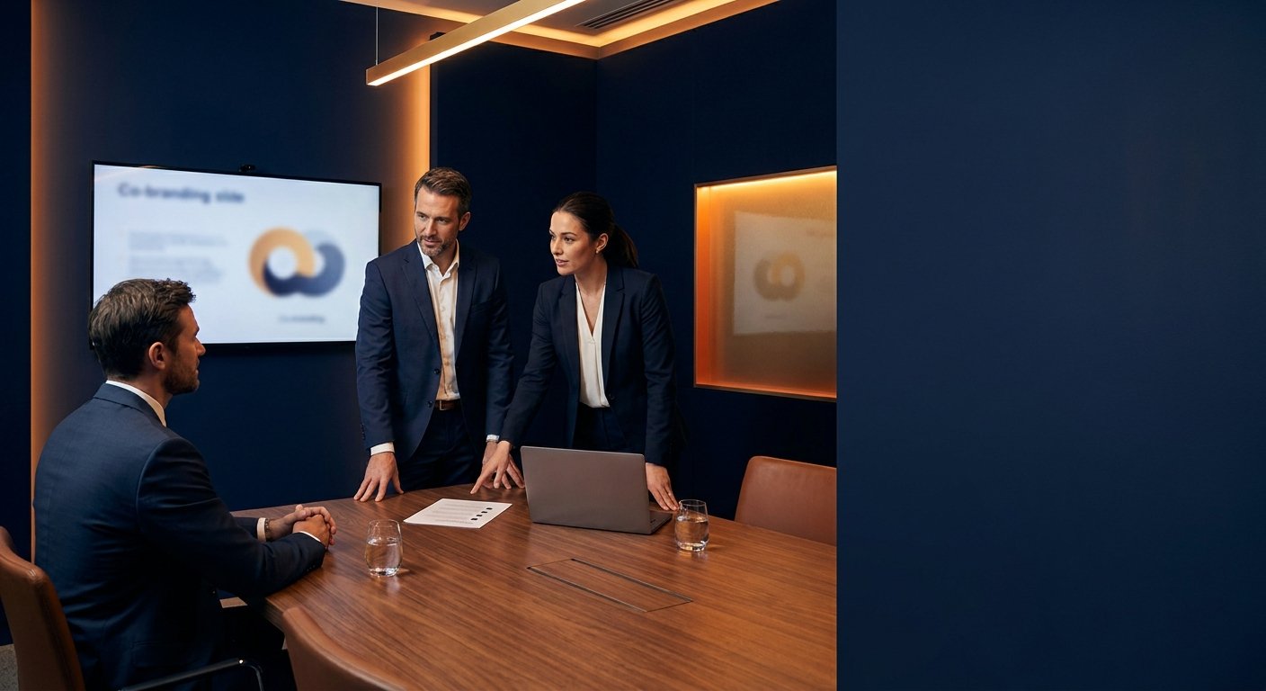 Two sellers from different B2B companies presenting a joint value proposition to a customer in a calm modern conference room with a printed seller script visible on the table, deep navy and amber palette