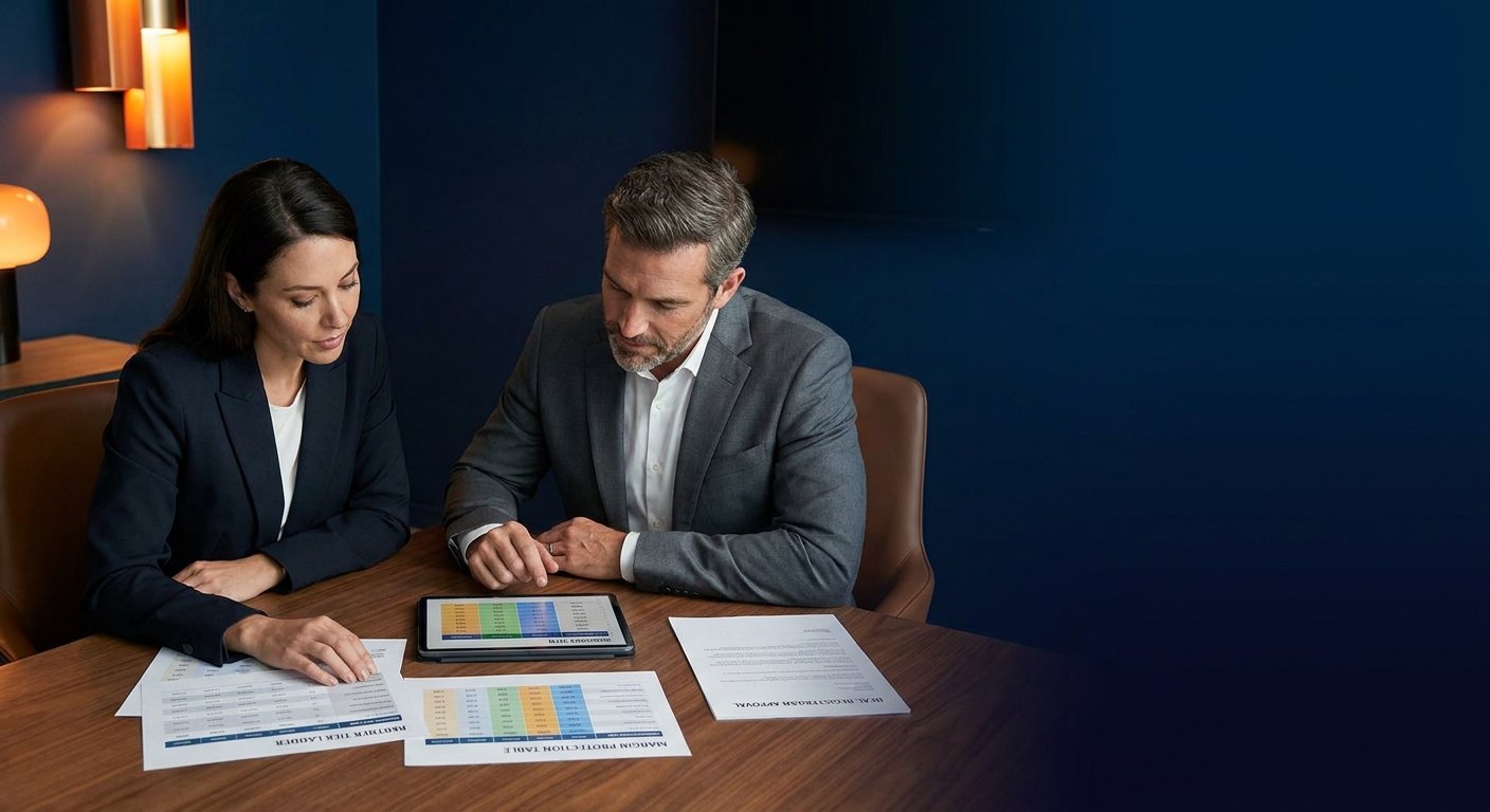 Partnerships leader and a CFO reviewing a printed partner tier ladder and margin protection table at a calm modern conference table with a discount tier spreadsheet visible on a tablet, deep navy and amber palette