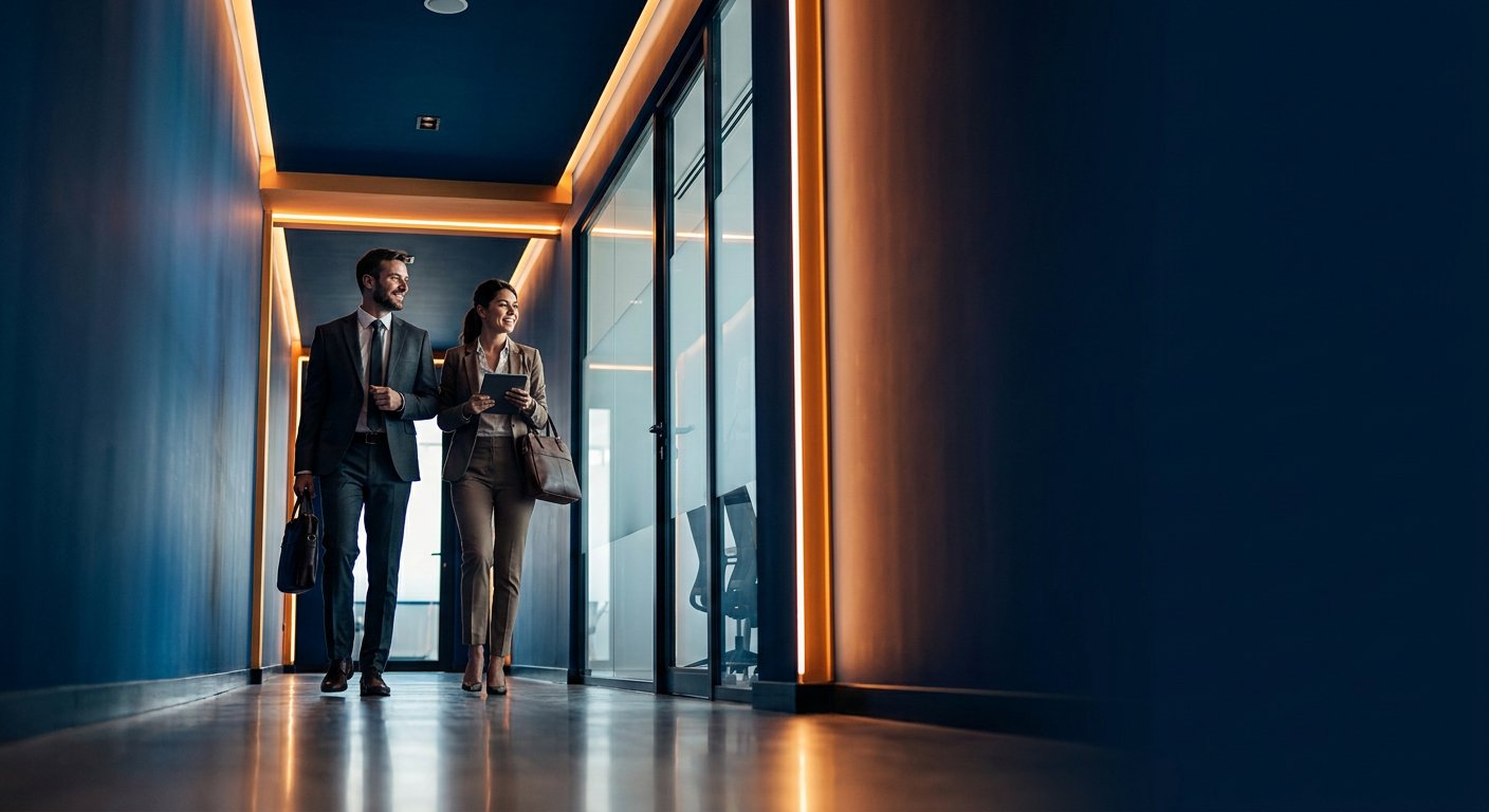 Account executive and partner-side seller walking into a customer meeting together, calm modern office hallway, deep navy and amber palette, right third clean for headline overlay