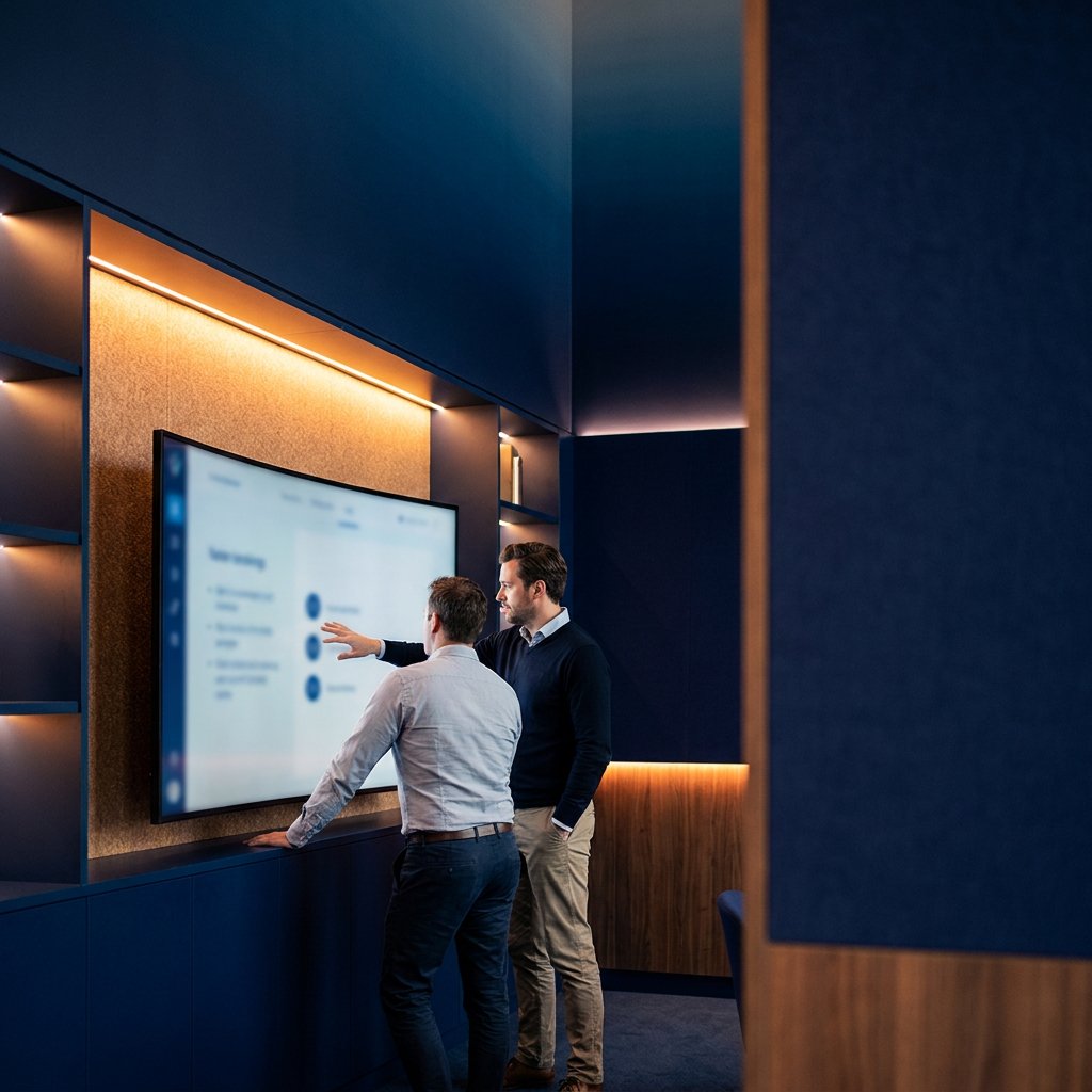 Revenue leader and partnerships ops reviewing a target-partner list at a calm modern conference table, deep navy and amber palette, right third clean for headline overlay