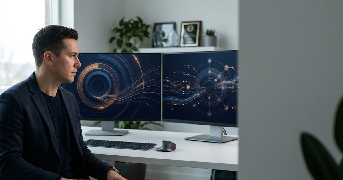 A revenue operations leader reviewing partner pipeline and customer pipeline on two monitors at a modern desk