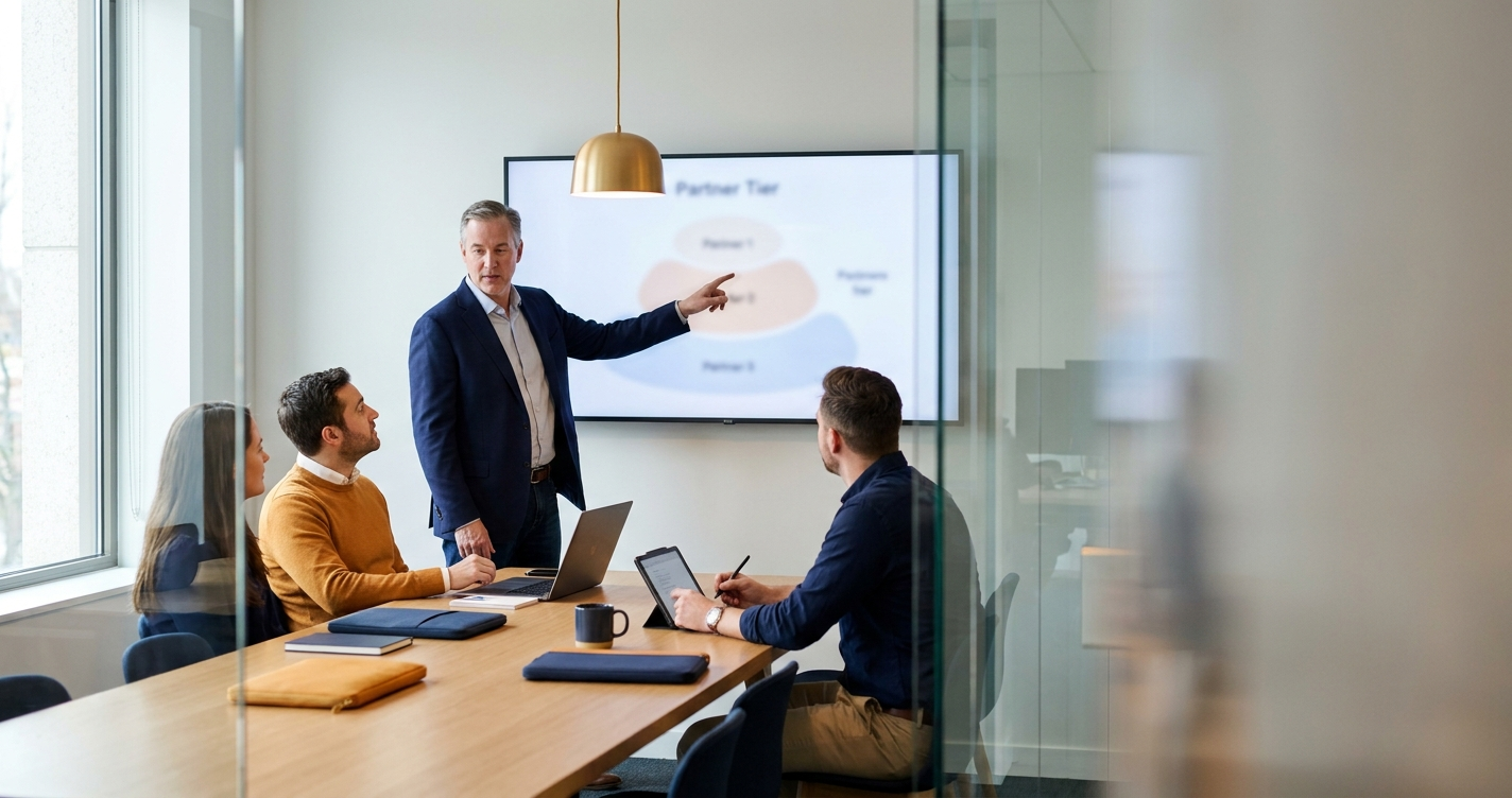 Salesforce ISV partner team reviewing AppExchange go-to-market plan in modern conference room