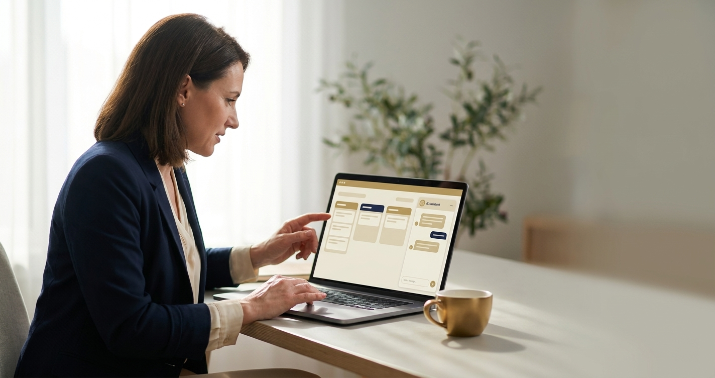 Partnerships director reviewing an AI assistant chat panel and partner pipeline kanban on her laptop