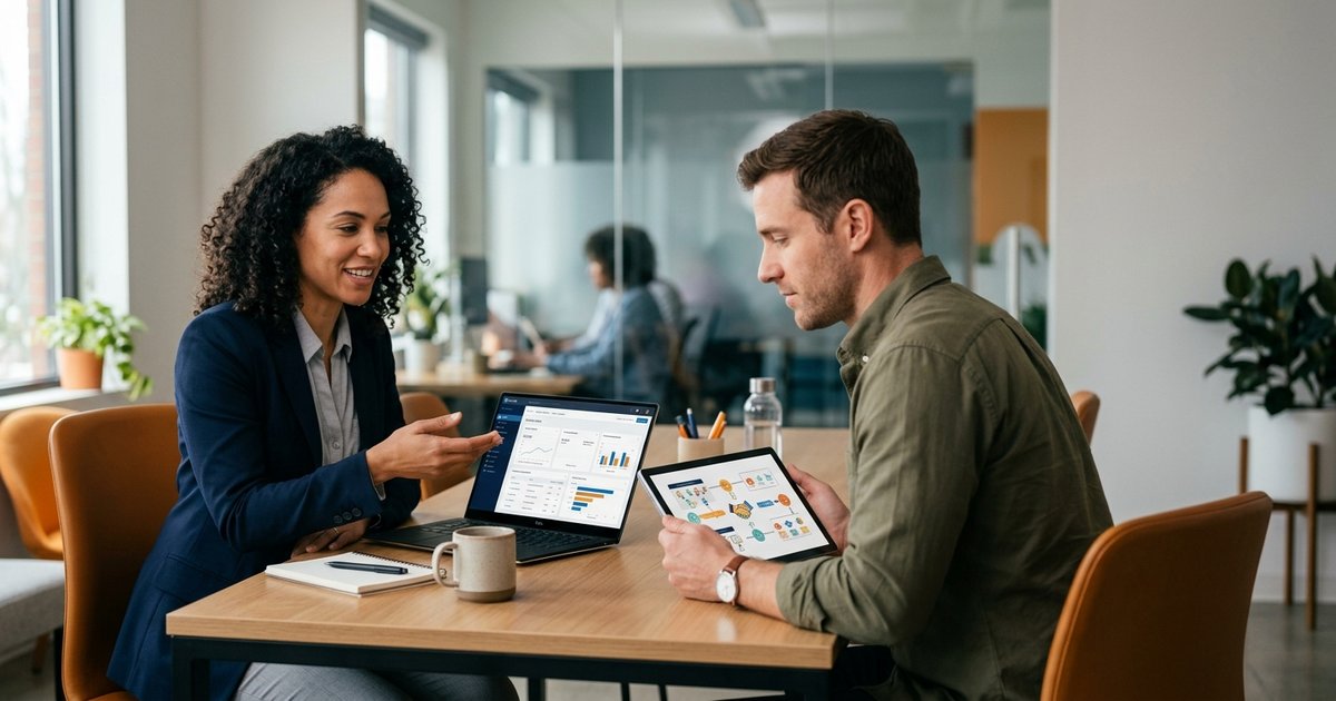 A partner manager and an account executive working a shared co-sell deal together over a laptop and a tablet