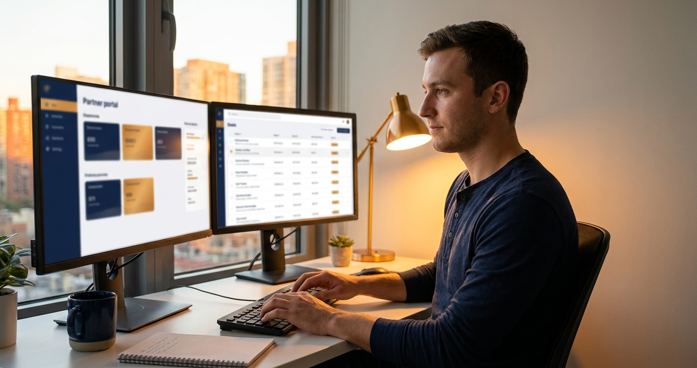Partner operations admin at dual-monitor workstation using a partner portal interface