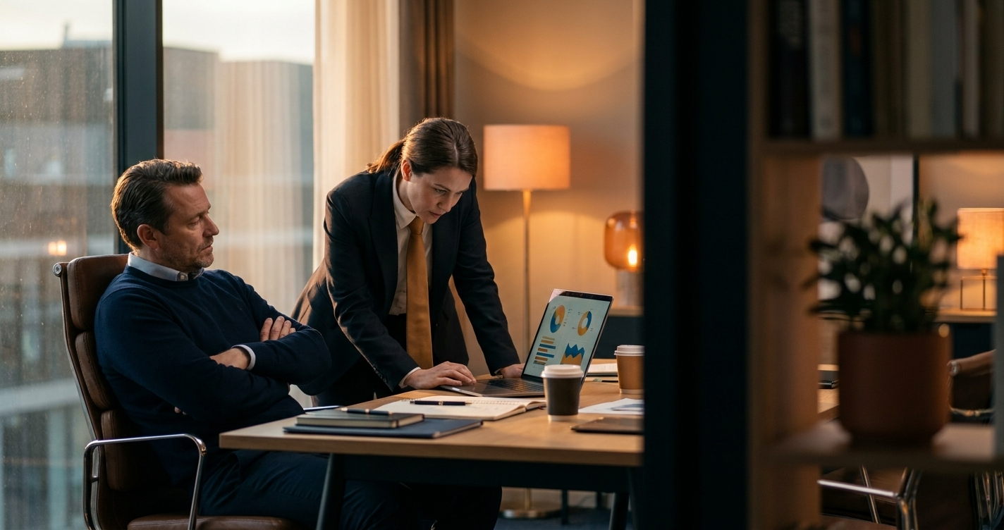 Head of partnerships and CRO reviewing a partner program performance report mid-discussion in private office