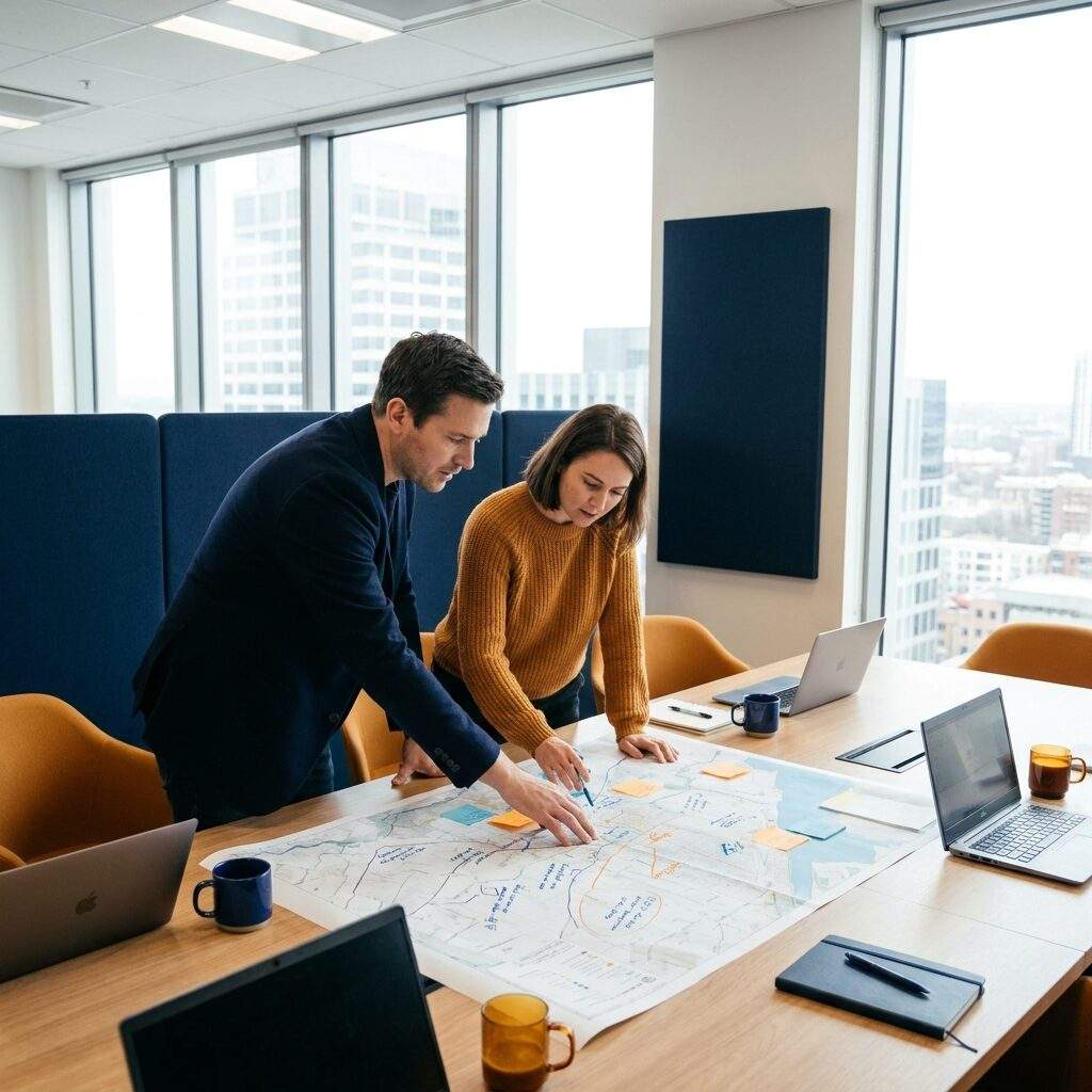 A partner manager and an account executive running account-based discovery on a shared account in a conference room, a printed target-account map with partner overlap notes on the table, deep navy and warm amber palette