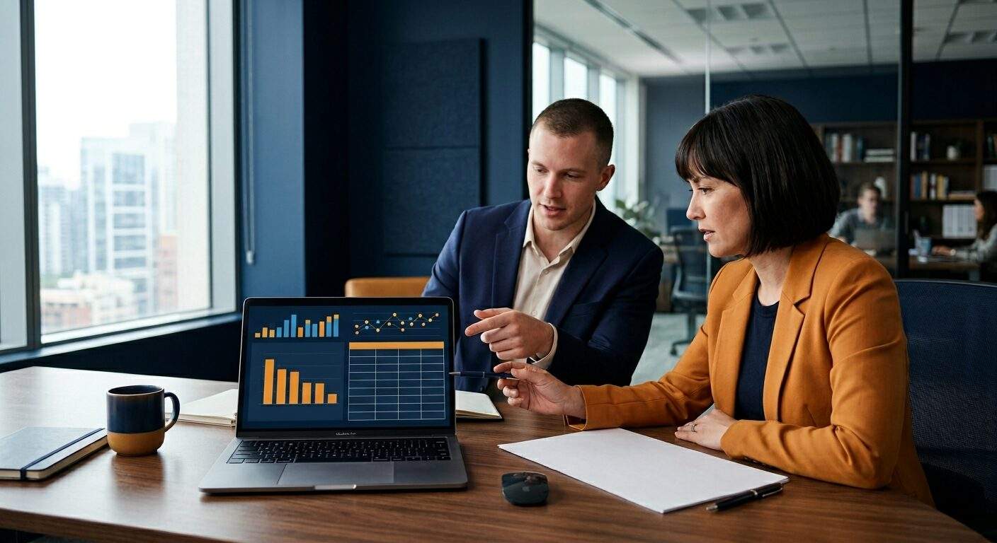 A partnerships leader and an account executive at a desk reviewing an AE accountability scorecard on a laptop showing partner-sourced pipeline by rep, a printed engagement tracker on the table, deep navy and warm amber palette