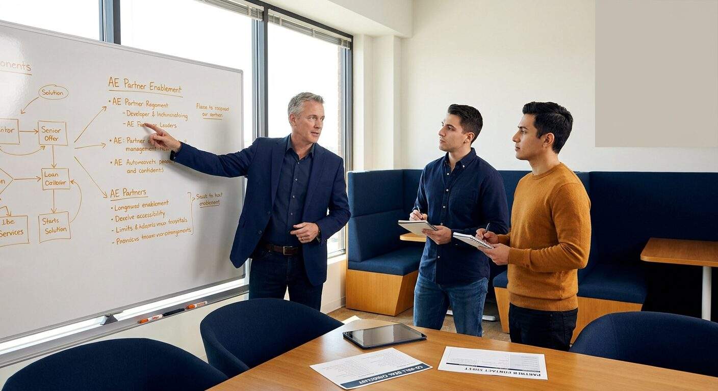 Senior man in a blue blazer explains diagrams on a whiteboard to two colleagues taking notes.