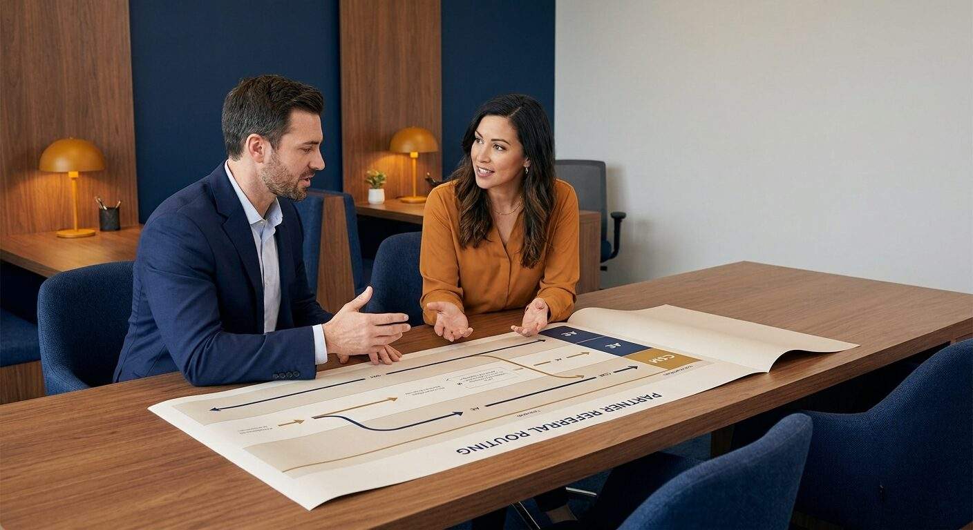 An account executive and a customer success manager debating who owns a partner referral across a desk, a printed referral routing diagram with AE and CSM lanes between them, deep navy and warm amber palette