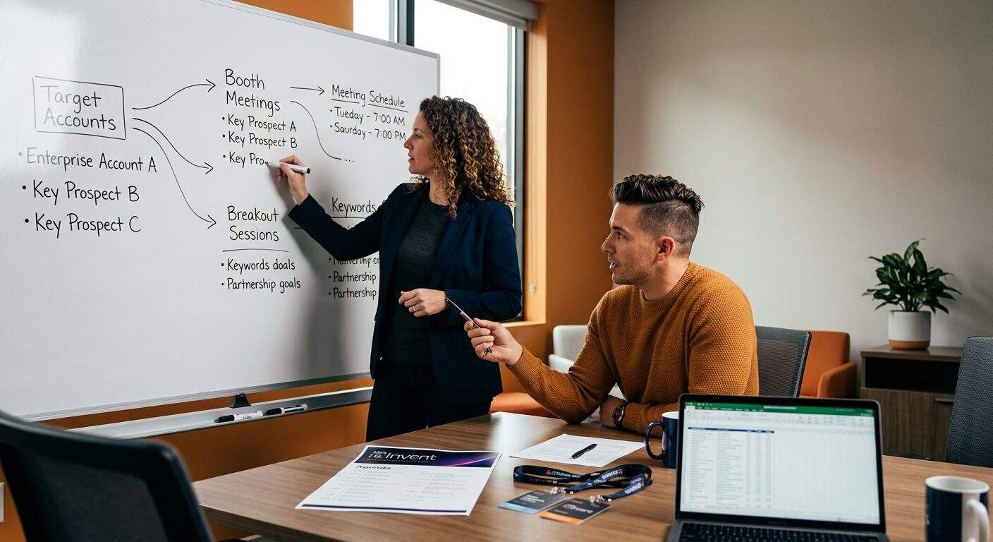 aws-reinvent-partner - Forecastable Two partner managers planning an AWS re:Invent partner strategy at a whiteboard mapping target accounts to booth meetings, a printed agenda and badge lanyards on the table, deep navy and warm amber palette