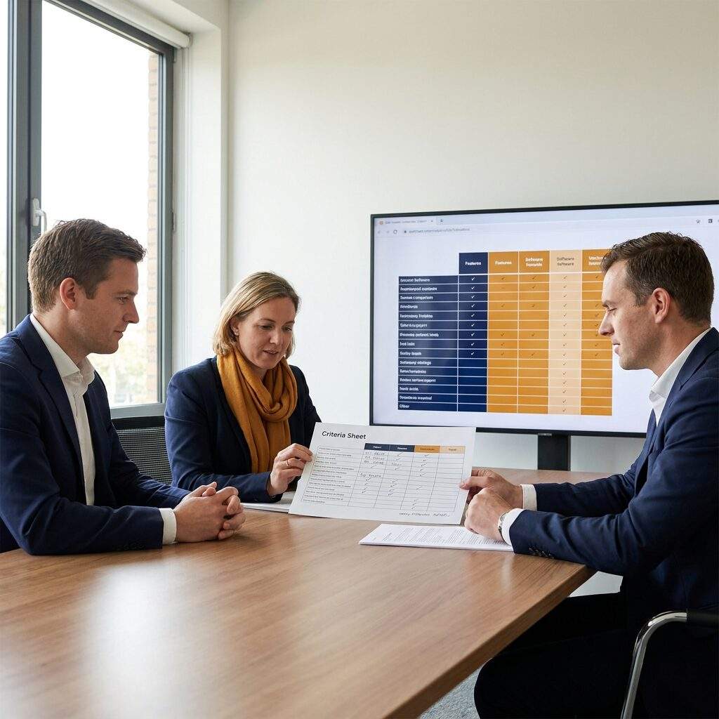 Three partnerships leaders scoring shortlisted partner relationship management software against a printed criteria sheet on a conference table, a monitor behind them showing a side-by-side feature matrix, deep navy and warm amber palette