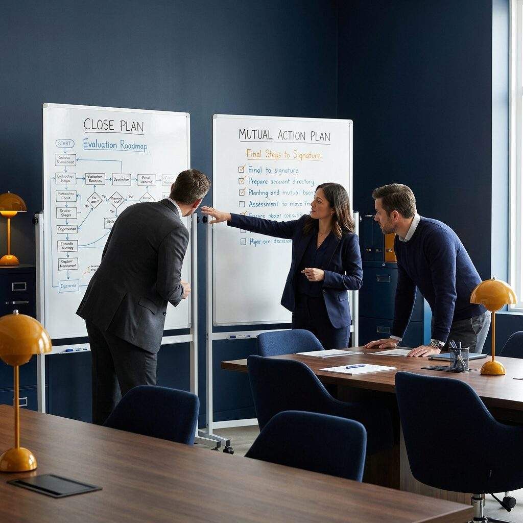 Three professionals in a meeting room discuss near whiteboards with plans and checklists.