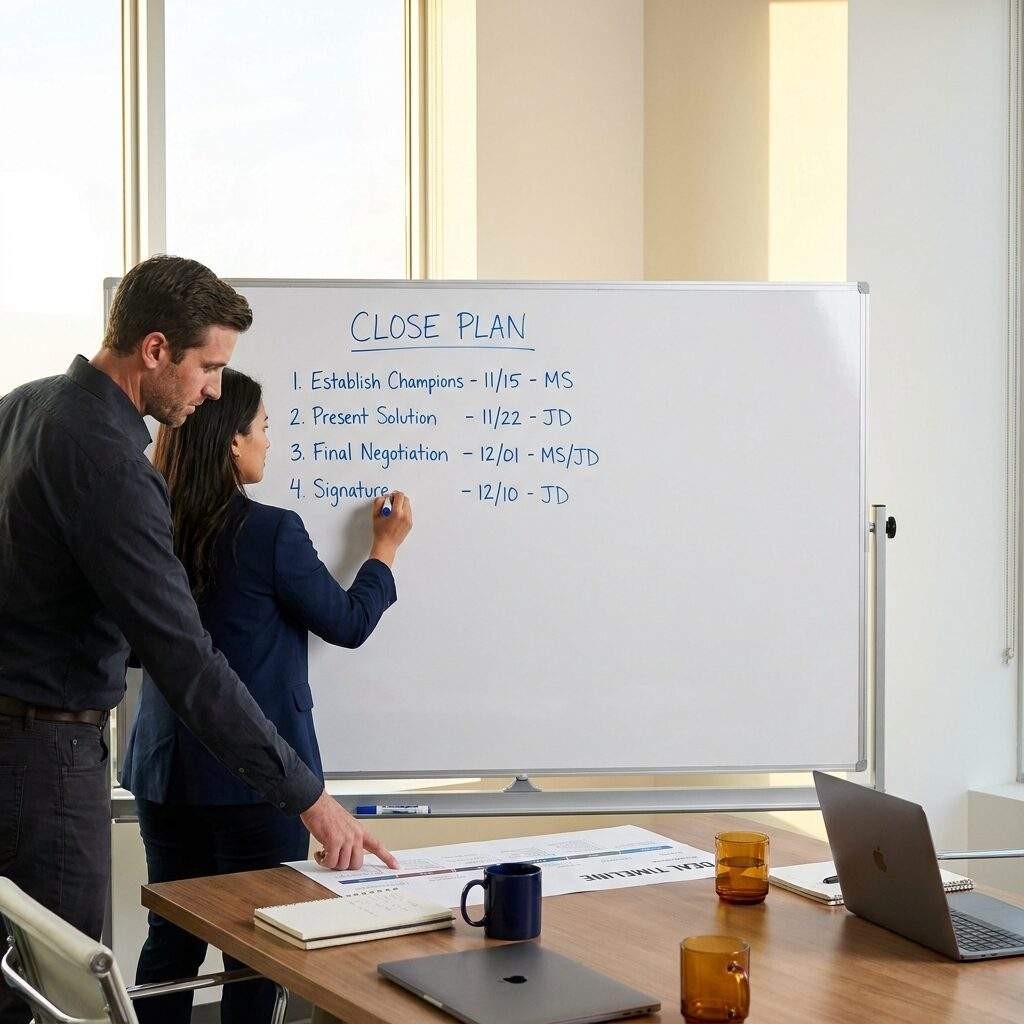 An account executive and a sales manager building a close plan on a whiteboard, a dated list of steps to signature with owners named beside each, a printed deal timeline on the table, deep navy and warm amber palette