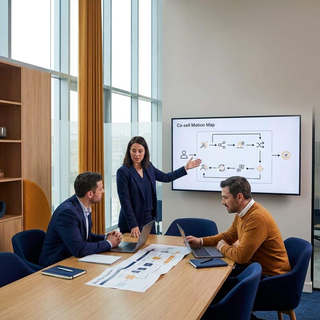 A co-sell consultant walking a partnerships leader and a sales director through a co-sell motion map on a wall monitor, a printed deal-flow diagram on the table, deep navy and warm amber palette