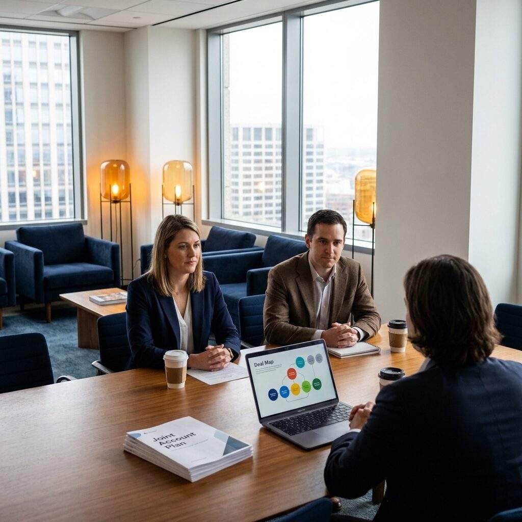 Two account executives from different companies running a joint co-sell call with a shared customer, a printed account plan and a laptop showing a deal map on the table, deep navy and warm amber palette