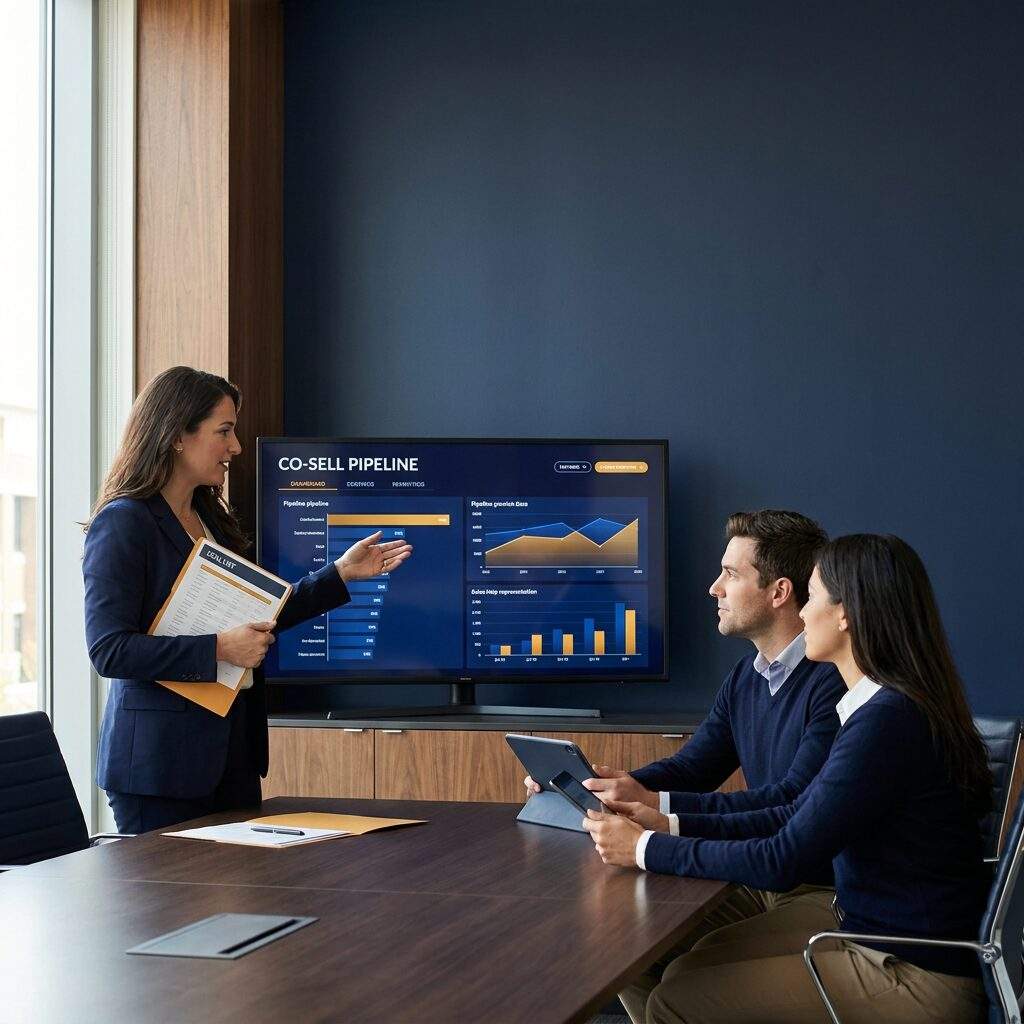 A co-sell manager running a weekly partner deal review with two reps at a conference table, a wall monitor showing a co-sell pipeline board and a printed deal list in hand, deep navy and warm amber palette