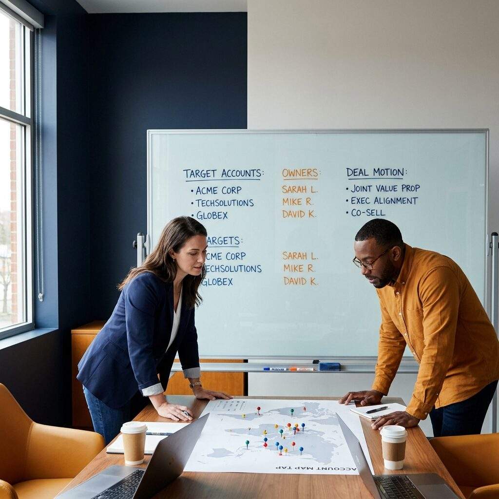 A partnerships leader and a sales director drafting a co-sell plan at a whiteboard listing target accounts, owners, and a deal motion, a printed account map on the table, deep navy and warm amber palette