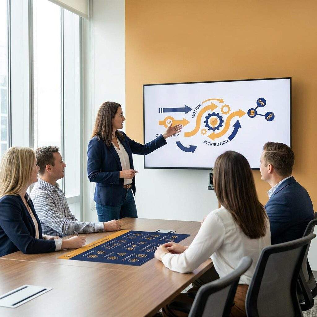 A partnerships leader presenting a co-sell program structure to a sales team on a wall monitor showing motion, ownership, and attribution, a printed program one-pager on the table, deep navy and warm amber palette
