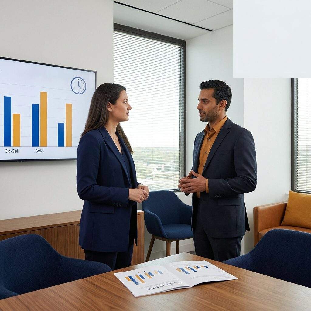 A sales operations leader and a partner manager comparing co-sell sales cycle time against solo deals on a wall monitor chart, a printed deal-velocity report on the table, deep navy and warm amber palette