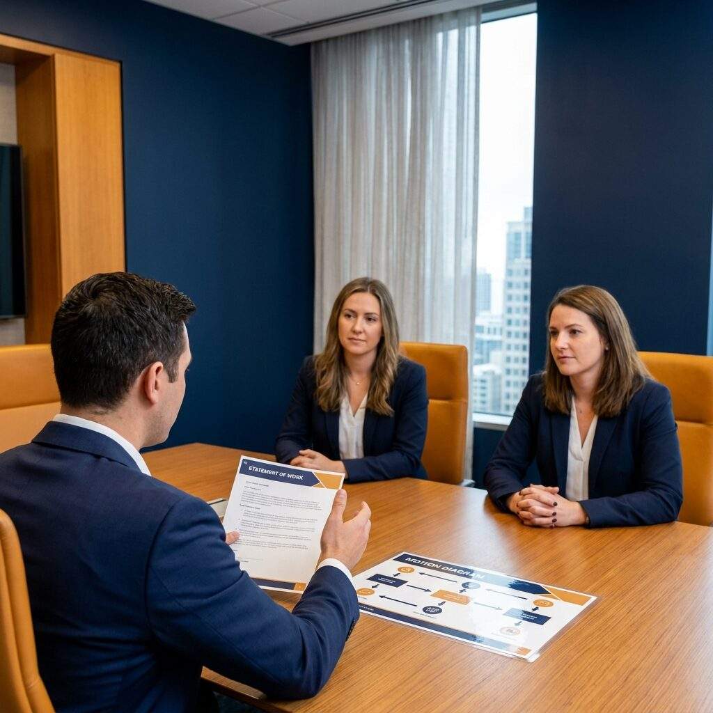 A services provider presenting a co-sell engagement scope to a partnerships leader and a sales director, a printed statement of work and a motion diagram on the table, deep navy and warm amber palette