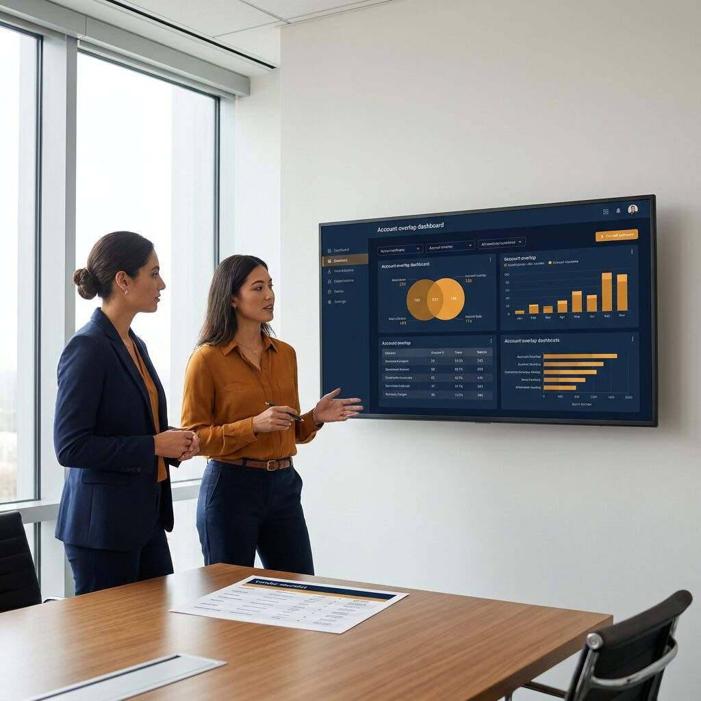 A partnerships leader and a sales operations lead evaluating co-sell software on a wall monitor showing an account-overlap dashboard, a printed vendor shortlist on the table, deep navy and warm amber palette