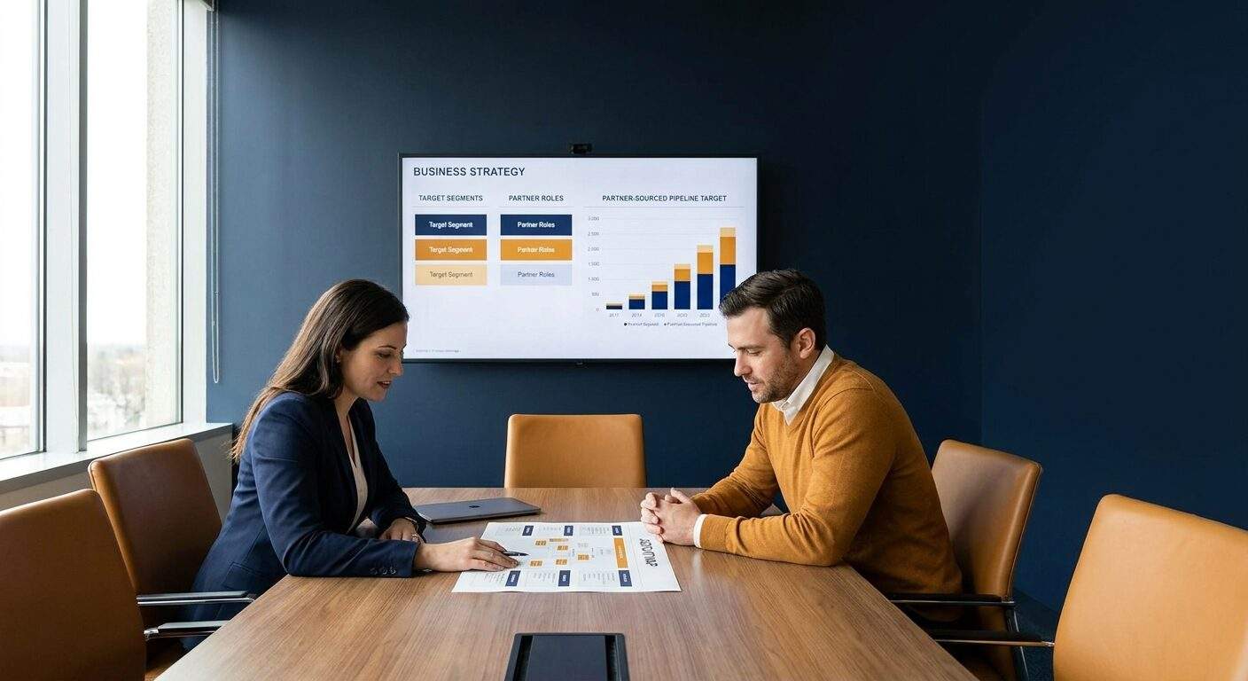 co-sell-strategy - Forecastable Two professionals review charts and documents at a conference table as a presentation screen shows a business strategy slide on the wall.