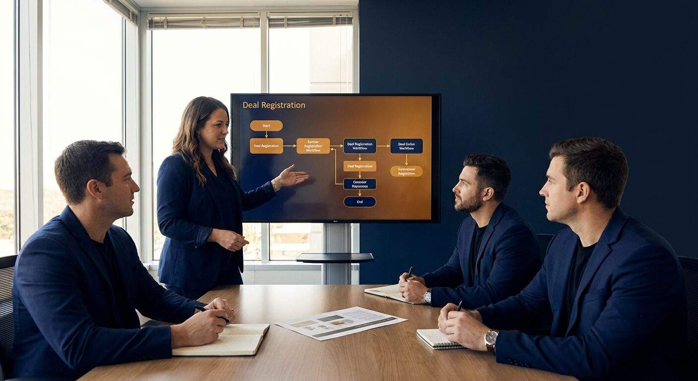 co-sell-training - Forecastable A partner enablement lead running a co-sell training session with three account executives around a table, a printed joint pitch one-pager and a deal-registration workflow on the screen behind them, deep navy and warm amber palette