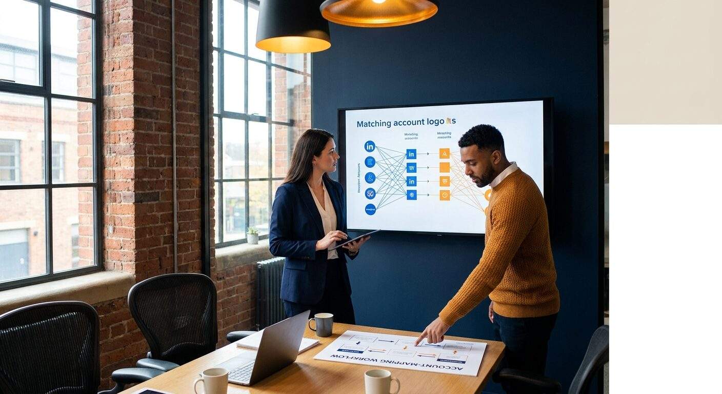A partner operations manager and a RevOps engineer setting up Crossbeam overlap automation on a wall monitor showing matched accounts, a printed account-mapping workflow with sync arrows on the desk, deep navy and warm amber palette