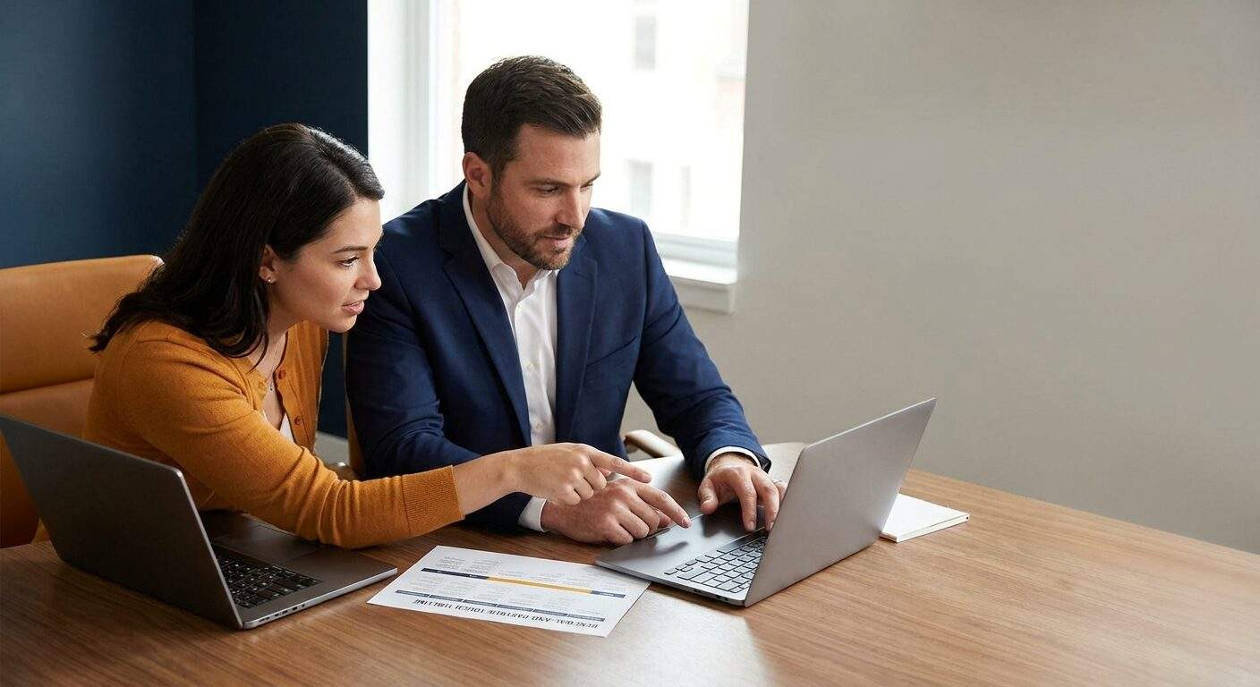 A customer success manager and a partner success counterpart reviewing an account health and expansion plan on a laptop, a printed renewal-and-partner-touch timeline on the desk between them, deep navy and warm amber palette