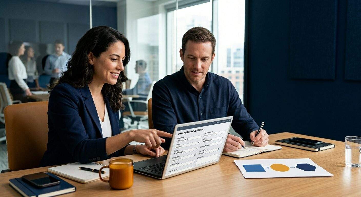 A partner manager and a channel rep reviewing a deal registration form on a laptop at a desk, a printed approval workflow with submit, review, and protect stages visible beside them, deep navy and warm amber palette