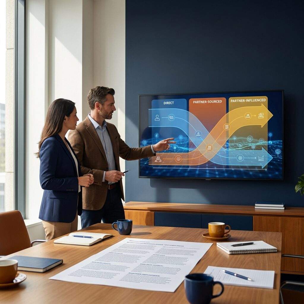 A revenue leader and a head of partnerships at a wall monitor mapping an ecosystem GTM, direct, partner-sourced, and partner-influenced motions shown as overlapping lanes against a target account list printed on the table, deep navy and warm amber palette