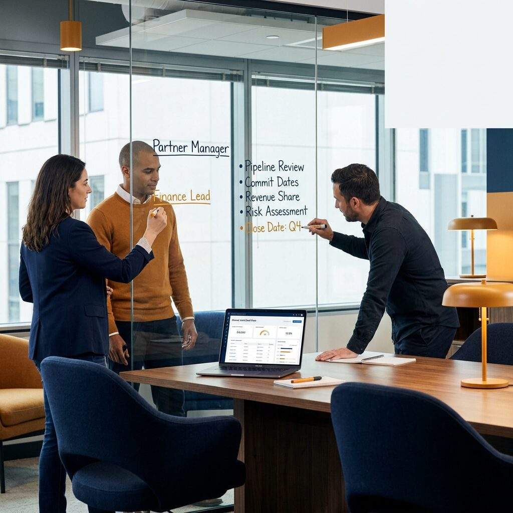 elements-for-forecast-collaboration - Forecastable A partner manager and a finance lead listing the elements for forecast collaboration on a glass board, a shared joint deal view open on a laptop beside them, an internal AE adding a close date to the same list, deep navy and warm amber palette