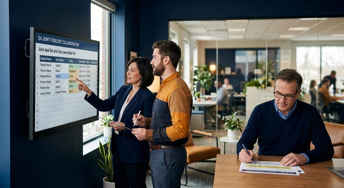 A partnerships lead and a partner rep at a wall monitor working a forecast collaboration feature, both editing the same joint deal list with stage and close-date fields visible, a finance partner checking the committed number on a printout, deep navy and warm amber palette