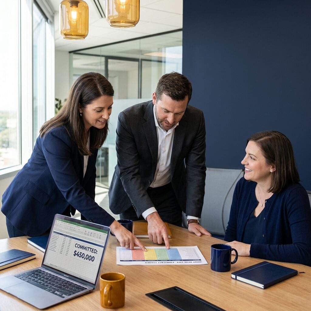 A partnerships lead walking a partner rep and a finance partner through the forecast collaboration process at a table, a printed joint deal list with stages marked between them, an open laptop showing the committed number, deep navy and warm amber palette