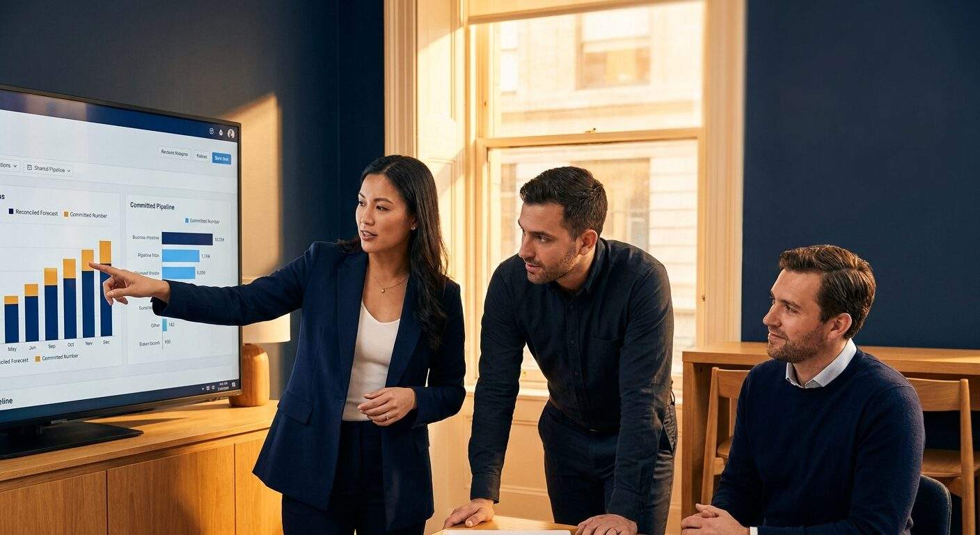 forecast-collaboration-solution - Forecastable A revenue operations lead and a partner manager evaluating a forecast collaboration solution on a shared screen, the display showing reconciled partner and internal deals in one pipeline view, a finance lead nodding at the committed number, deep navy and warm amber palette