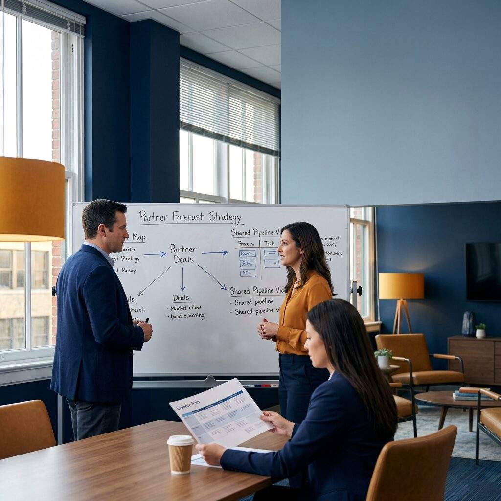 forecast-collaboration-strategy - Forecastable Two professionals discuss a whiteboard diagram titled 'Partner Forecast Strategy' in a bright office as a colleague reads a document at the table.