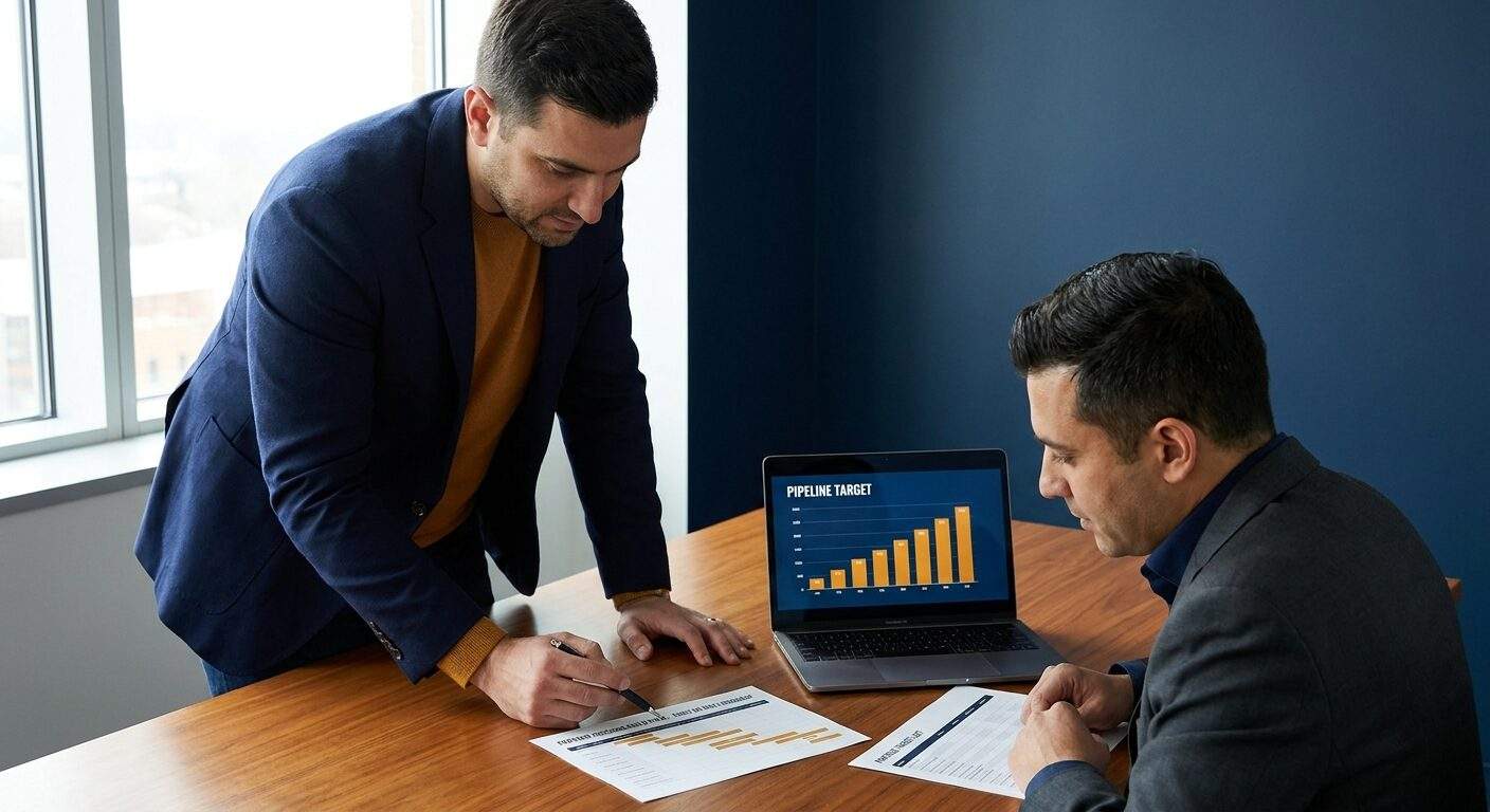 A founder and a fractional channel chief reviewing a partner program build plan at a desk, a printed first-90-days roadmap and a partner target list between them, a laptop showing a pipeline target, deep navy and warm amber palette