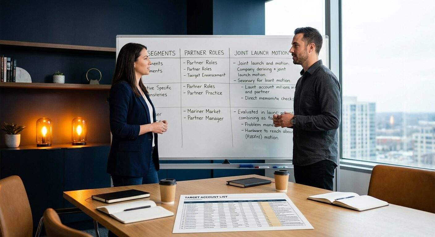 A product marketing lead and a partner manager planning a go-to-market with partners on a whiteboard listing segments, partner roles, and a joint launch motion, a printed target account list on the table, deep navy and warm amber palette