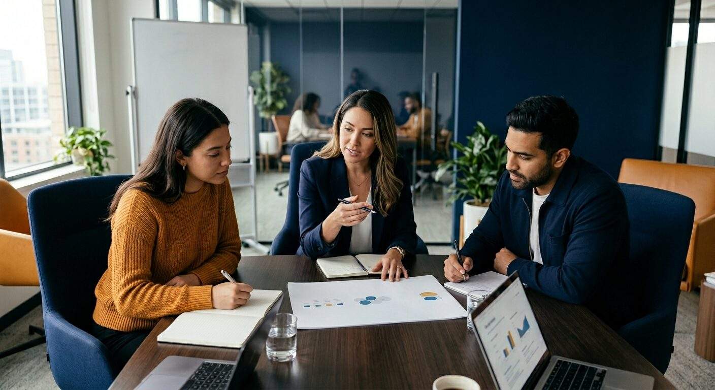 A partnerships leader and two go-to-market peers from sales and marketing aligning a joint plan at a table, a printed go-to-market motion with target segment, joint offer, and shared pipeline visible between them, deep navy and warm amber palette